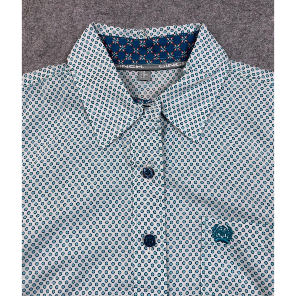 Cinch Womens Small Teal White Geometric Print Button Down Western Shirt Long Slv